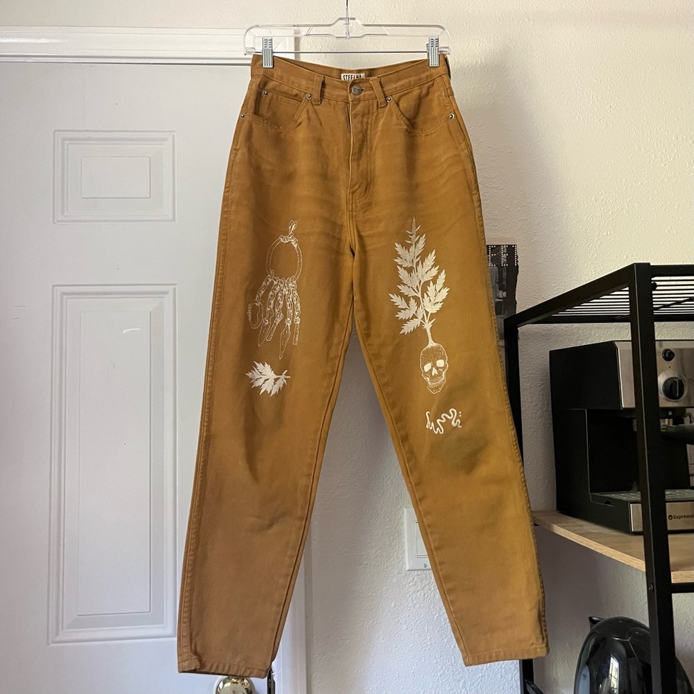 VINTAGE mustard yellow denim skull leaf graphic wide tapered leg high rise jeans